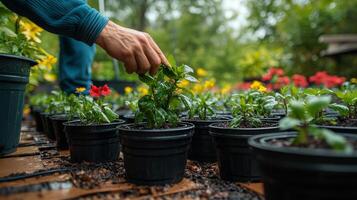 Man nurturing plants in a vibrant garden center during the afternoon photo