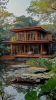 Stunning villa reflecting on calm water in exotic tropical garden during sunset photo