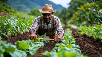 Freshly tended garden with vibrant vegetables and greens in a well-maintained plot photo