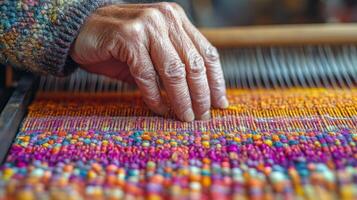 Elderly person weaving a colorful textile with skill and care in a cozy setting photo