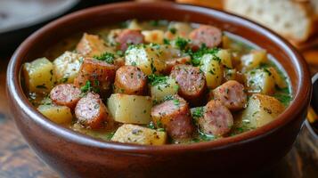 Hearty sausage and potato stew served in a bowl with herbs and bread on a rustic wooden table photo