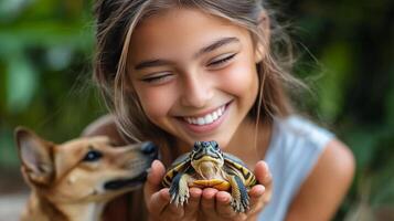 Girl smiles while holding a turtle next to a dog in a natural outdoor setting photo