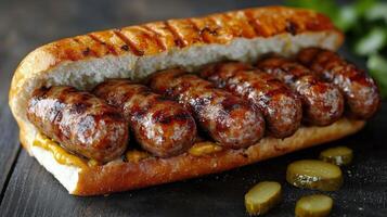 Grilled sausages served with mustard and pickles on a white plate photo