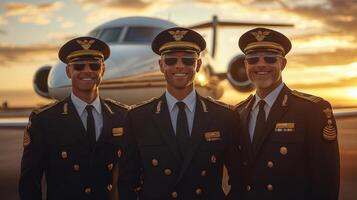 pilotos actitud para retrato durante puesta de sol a el aeropuerto exhibiendo camaradería y profesionalismo foto