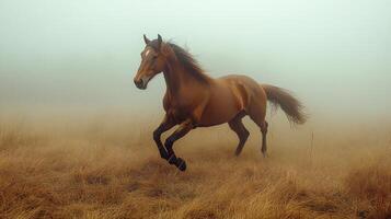 Sunrise over golden fields with a horse grazing in a peaceful rural landscape photo
