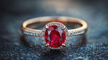 Stunning ruby ring with intricate details showcased on a dark surface photo