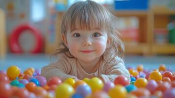 Happy child playing with colorful building blocks in a classroom during morning playtime photo