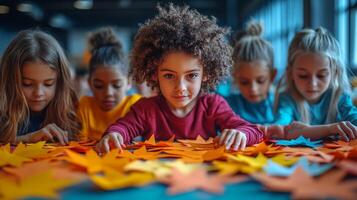 Children engaged in colorful autumn leaf craft activity indoors at a school during daytime photo