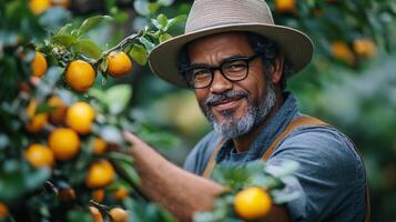 Smiling gardener tending to vibrant yellow flowers in a lush garden setting during daylight photo