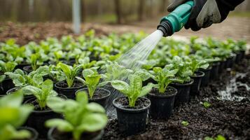 Watering young plants in a serene garden setting during daylight hours photo