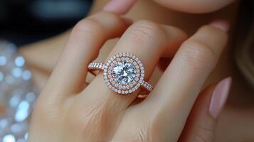 Sparkling diamond ring displayed on a delicate hand with soft lighting and a serene background photo