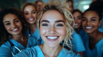 Group of smiling healthcare professionals in scrubs enjoying a moment together indoors photo