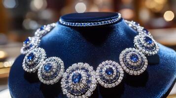 Elegant gold jewelry set featuring deep blue gemstones and intricate designs on luxurious fabric photo