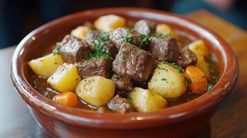 Hearty beef stew with potatoes and vegetables served in a rustic bowl photo