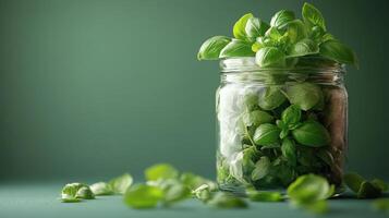 Fresh basil leaves in a glass jar on a dark surface with peppercorns scattered around photo