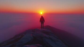 Stunning sunset view from mountain peak with silhouette of a person standing photo