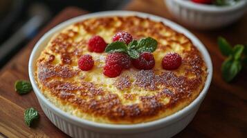 Delicious raspberry souffl baked in a white dish garnished with fresh raspberries and powdered sugar photo