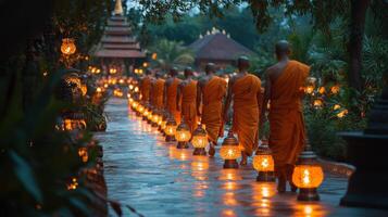 Monks in orange robes walk with lanterns during evening ceremony in a tranquil temple garden photo