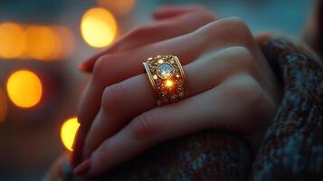 Elegant golden rings set with diamonds displayed on a hand during twilight photo