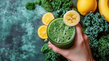 Refreshing green smoothie with banana and chia seeds topped with fresh greens photo