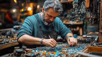 Artisan crafts intricate jewelry using colorful beads in a vibrant workshop setting photo