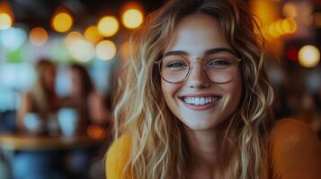 Young woman with long hair smiles warmly while enjoying drinks in cozy cafe setting during winter photo
