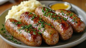 Savory sausages with mashed potatoes and mustard served on a plate photo