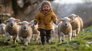 Young lambs frolic in a sunlit forest clearing during springtime in the countryside photo