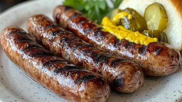 Grilled sausages served with mustard and pickles on a white plate photo