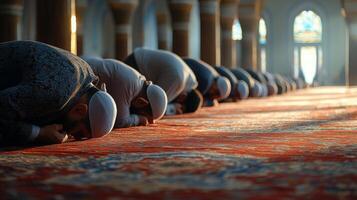 Muslims engaged in prayer on a colorful rug in a serene setting during midday worship photo