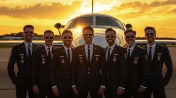 pilotos actitud para retrato durante puesta de sol a el aeropuerto exhibiendo camaradería y profesionalismo foto