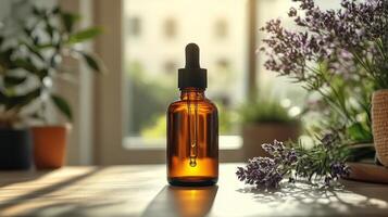 Dark amber dropper bottle with dropper on beige background showcasing minimalistic design photo