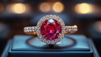 Stunning ruby ring with intricate details showcased on a dark surface photo
