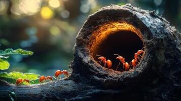 Ants working together on a log in a sunlit forest during the daytime photo