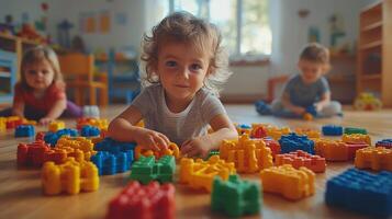 Happy child playing with colorful building blocks in a classroom during morning playtime photo