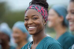 Cheerful medical staff in surgical attire during training session in a healthcare facility photo