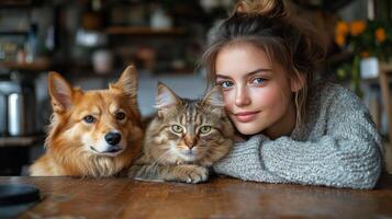 Young woman cuddles with a dog and a cat at a cozy indoor setting photo