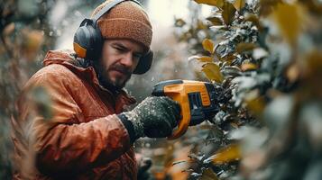 Skilled gardener trims hedge with electric trimmer during overcast day in suburban area photo