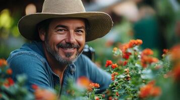 Smiling gardener tending to vibrant yellow flowers in a lush garden setting during daylight photo