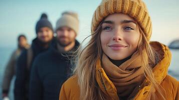 Smiling young woman with curly hair in orange hat and scarf walking among a crowd in a winter setting photo