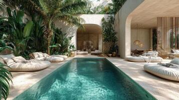 Luxury poolside relaxation in an urban oasis with modern architecture and palm trees photo