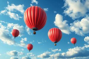 Colorful balloons floating in a bright blue sky with fluffy clouds during the day photo