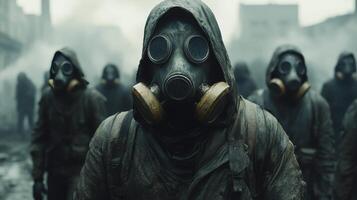 Survivors in protective gear navigate through a desolate urban wasteland in search of safety and resources photo