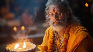 Ceremonial ritual performed by a priest in a temple setting during early evening hours photo
