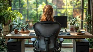 Modern home office with red ergonomic chair and green plants in a cozy workspace setup photo