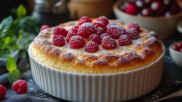 Delicious raspberry souffl baked in a white dish garnished with fresh raspberries and powdered sugar photo
