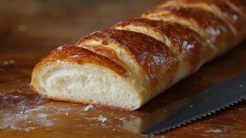 Freshly baked loaf of bread sliced on a kitchen counter with a serrated knife photo