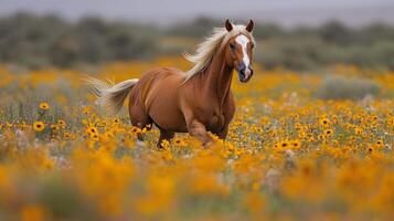 Majestic horse galloping through a vibrant field of yellow flowers in bright sunlight photo
