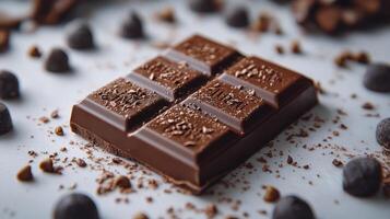 Delectable chocolate bars with fresh raspberries on a light table photo