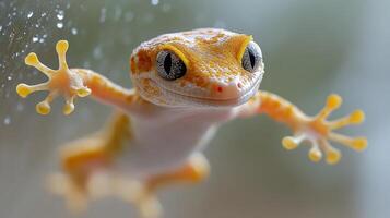 Colorful frog with prominent eyes sitting on a wet surface in a humid environment photo